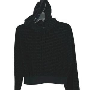 Guess Women Burnout Cropped Hoodie Sweatshirt Long Sleeve Black Y2K Size Medium